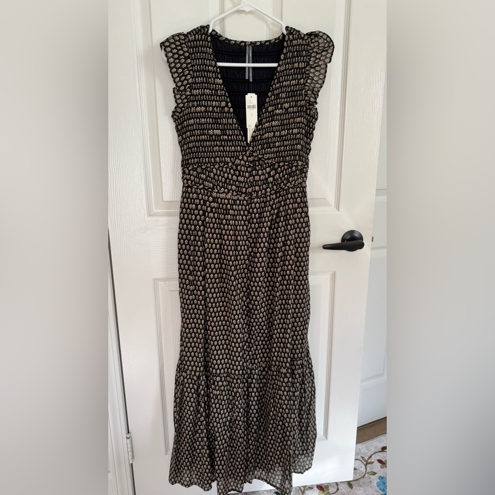 Anthropologie Black and Tan Geometric Midi Dress